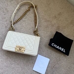Chanel Le Boy Caviar Quilted Leather Small Beige Gold Hardware with Dust Bag
